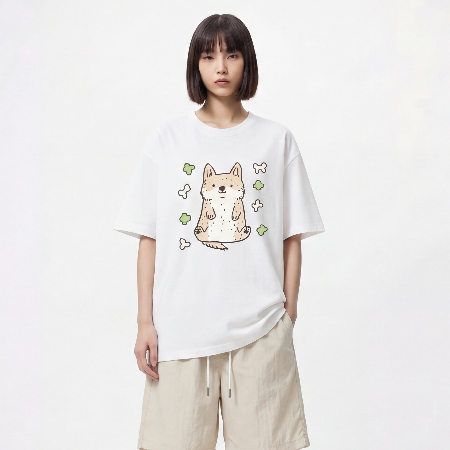 TRAVEL ISSUANCE  柴犬骨头 日系可爱印花短袖重磅宽松黑色T恤