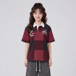 撞色徽章小众宽松T恤短袖 TRAVEL polo衫 美式 ISSUANCE 街头格纹