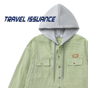 TRAVEL ISSUANCE 收入囊中 美式格子假两件宽松连帽长袖衬衫男女