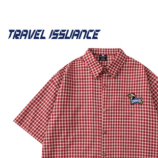 TRAVEL ISSUANCE 出门闲逛 日系红色格纹腊肠狗刺绣宽松短袖衬衫
