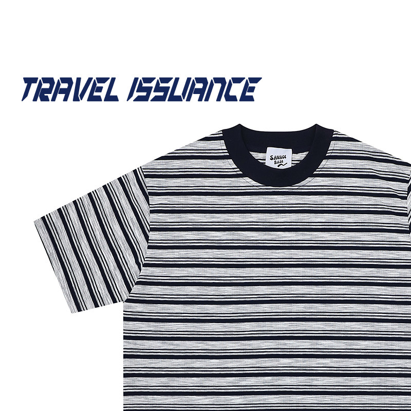 TRAVEL ISSUANCE 松弛条纹 日常百搭肌理宽松休闲日系复古短袖T恤
