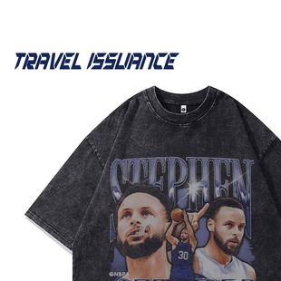 TRAVEL ISSUANCE 化身小球王 潮篮球人物印花宽松水洗短袖T恤百搭