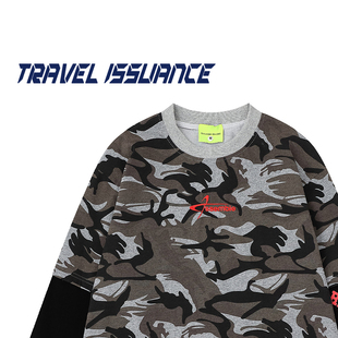 TRAVEL ISSUANCE 积极向上 高街休闲复古迷彩字母宽松长袖T恤百搭