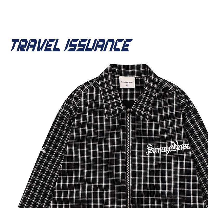 TRAVEL ISSUANCE 凡是看谈 日系格纹拉链设计感宽松长袖衬衫外套