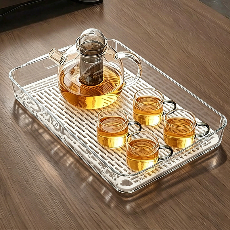新款透明茶盘塑料茶水盘杯子茶具盘家用托盘长方形托盘客厅沥水盘
