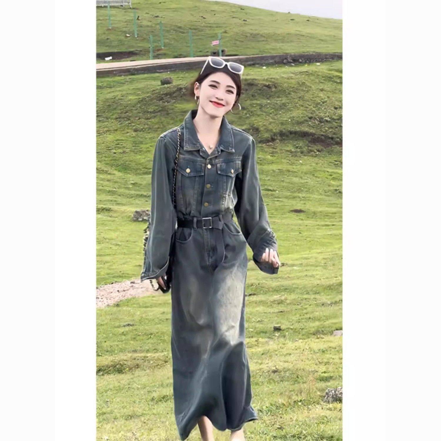 复古牛仔连衣裙长款女港味polo领收腰显瘦2025秋冬新款气质连体裙