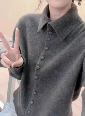 高级感灰色软糯毛衣外套2025秋冬新款气质方领针织开衫女长袖上衣