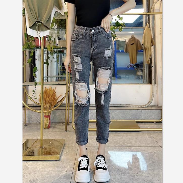 破洞新款牛仔裤女夏季凉裤百搭透气哈伦九分裤子欧货高腰宽松显瘦