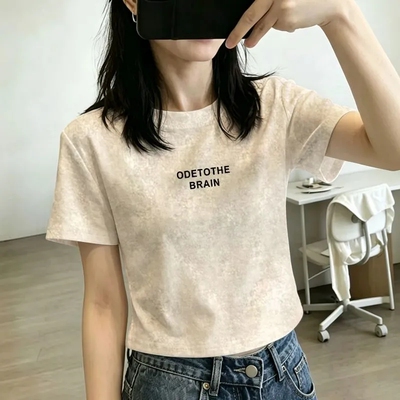 夏季杏色扎染短袖T恤女小个子