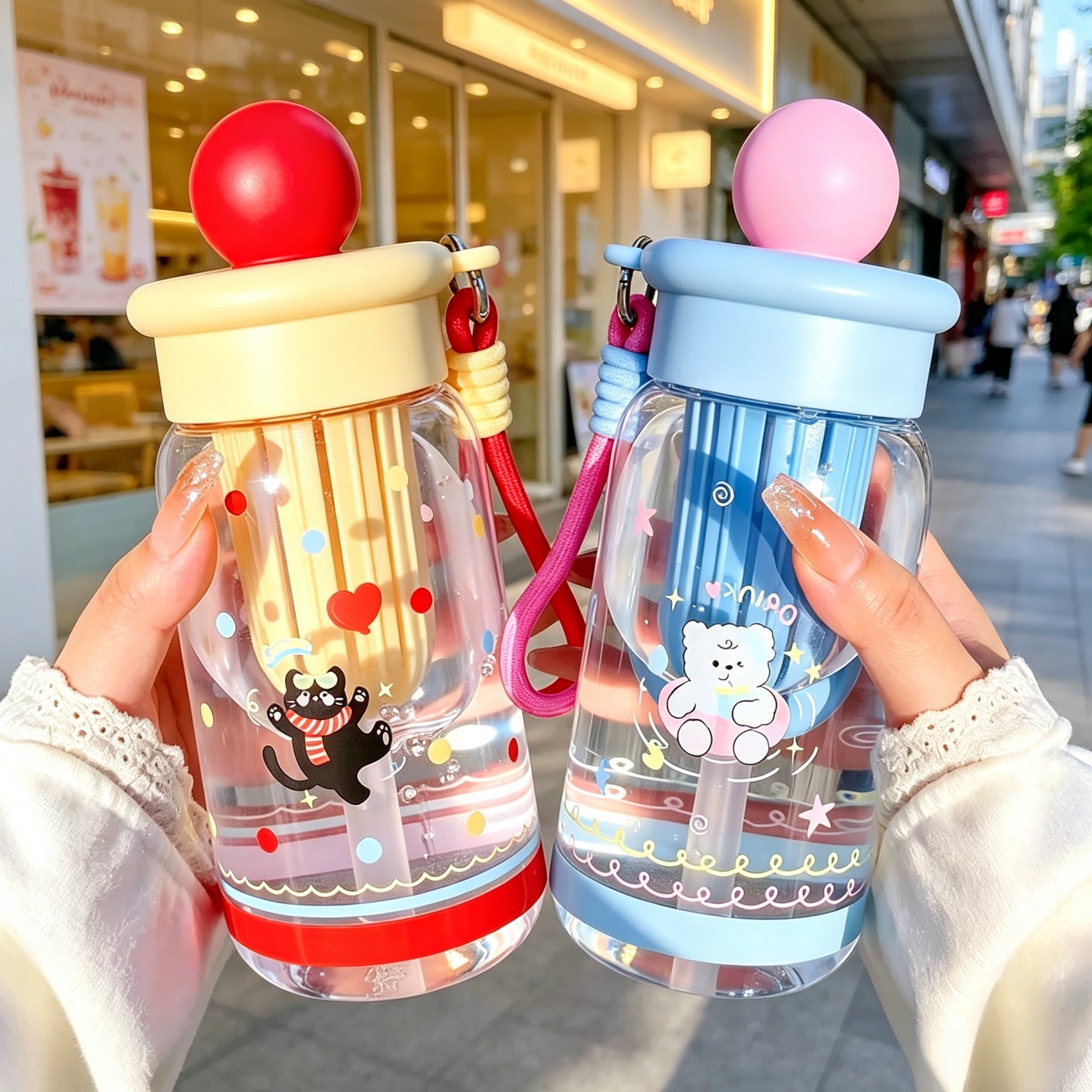 夏季塑料水杯女生高颜值卡通可爱随行运动水杯食品级耐高温吸管杯