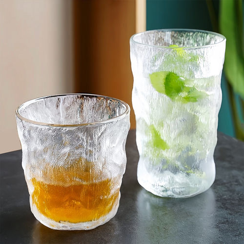冰川纹玻璃杯带盖勺把手水杯女夏季家用高级感茶杯咖啡杯子ins风