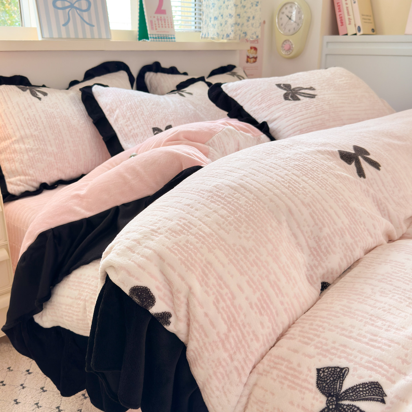 ins舒适加厚花边款牛奶绒宝宝蓝床盖四件套1.5m1.8保暖秋冬法兰绒