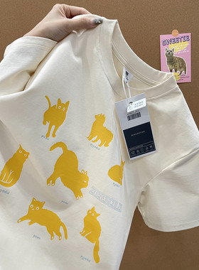 原创纯棉小众设计猫咪印花短袖t恤女夏季宽松百搭洋气情侣上衣服