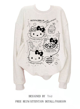 原创纯棉美式学院风印花圆领卫衣女早秋2023大码休闲宽松百搭上衣