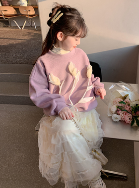 女童公主风加绒毛衣套装秋冬新款中大童洋气冬装半身裙纱裙两件套