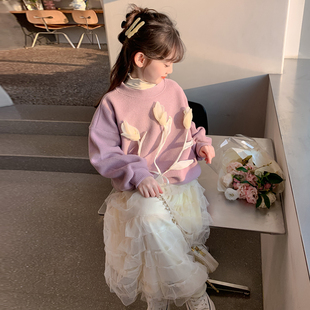 半身裙纱裙两件套 中大童洋气冬装 女童公主风加绒毛衣套装 秋冬新款