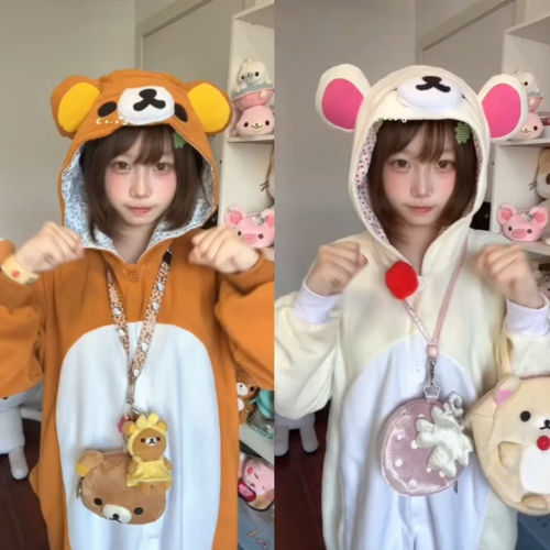轻松熊连体睡衣女款秋冬季珊瑚绒加绒加厚学生卡通搞怪男家居服女