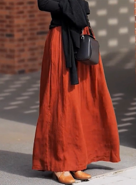 复古文艺慵懒风红色半身裙2025秋冬季新款洋气高腰简约大摆伞裙女