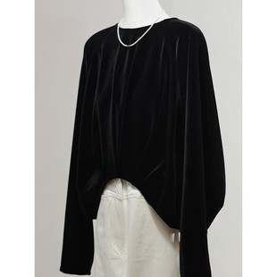 秋季穿搭高级感上衣法式洋气独特别致高级感复古黑色丝绒衬衫女士