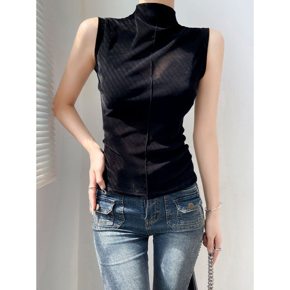 黑色金丝绒打底衫女2025新款早秋背心高级感上衣半高领无袖t恤薄,女装/女士精品,背心吊带,淘宝优惠券,粉丝福利购,淘宝优惠卷