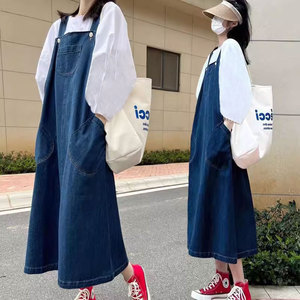 胖妹妹秋装新款大码女装宽松显瘦遮肚衬衫牛仔背带两件套装连衣裙