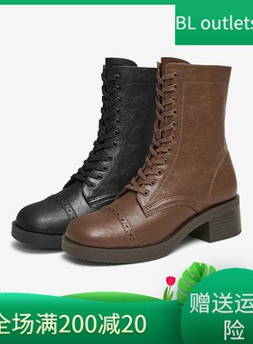 Tata他她粗跟休闲马丁靴女靴子黑色短靴2024冬季新款7C660DZ4