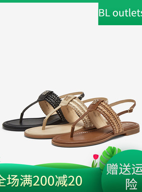 百思图香港25夏新款羊皮一字带夹趾女草编平底罗马凉鞋C2107BL5