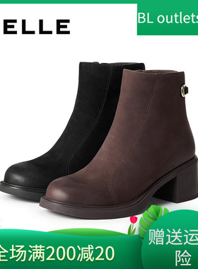 国内专柜正品2025冬款百丽时装靴羊皮粗跟后拉链女短靴E4X1 E4X1D
