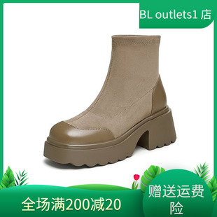 百思图2024冬季 拼色高跟弹力靴女瘦瘦短靴防水台M5202DD4 商场新款