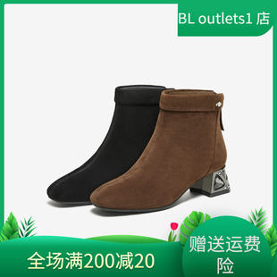 国内专柜正品 他她弹力靴羊皮粗高跟后拉链女短靴XJQ02DD5 2025冬款