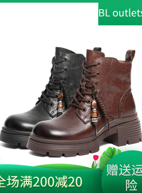 百丽厚底真皮马丁靴女2025冬季新款串珠加绒短靴子F2T1DDD5