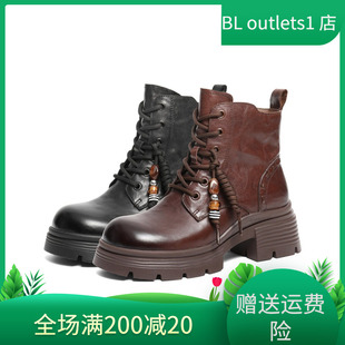 百丽厚底真皮马丁靴女2025冬季 串珠加绒短靴子F2T1DDD5 新款