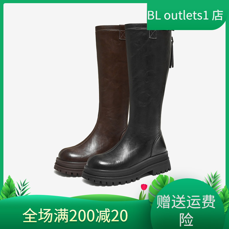 百思图黑曜骑士25冬商场新款加绒骑士靴女高筒长靴BV012DG5