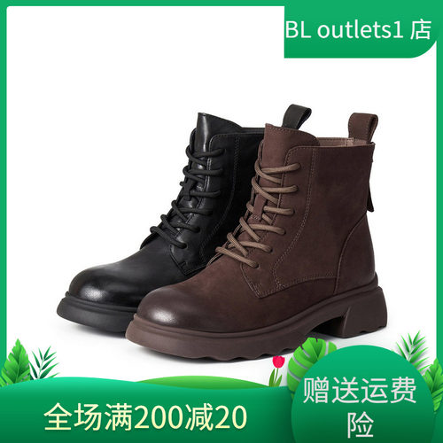 百丽加绒靴子羊皮英伦风马丁靴女冬季显瘦瘦粗跟休闲短靴E5S2DDD5