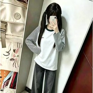 2026春秋季撞色插肩袖长袖T恤女学生甜酷黑白条纹拼接上衣打底衫
