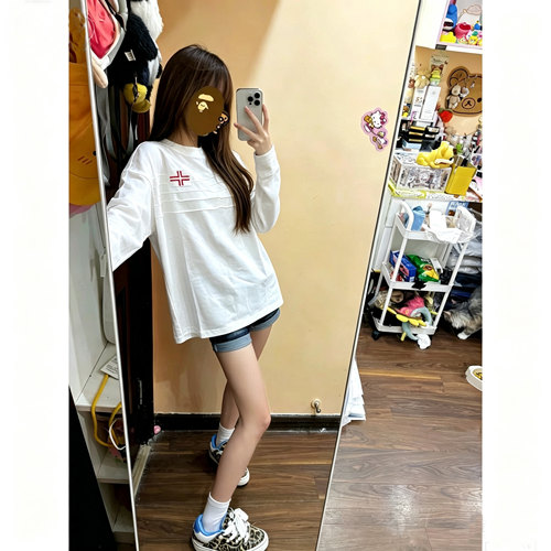 美式刺绣长袖宽松T恤女百搭