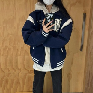 春秋季新款学院风开衫休闲运动女学生韩版宽松翻领印花棒球服外套