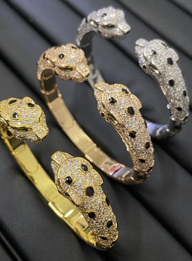 v金镀18k金双豹头斑点满天星满钻手镯时尚轻奢个性豹子手环