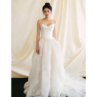 法式 礼服裙 复古梦幻仙女风抹胸白色出门纱女新娘订婚结婚宴会晚装