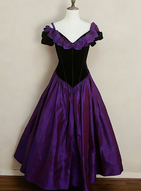 法式vintage复古宫廷风黑紫色礼服女舞台表演长裙聚会宴会晚礼服