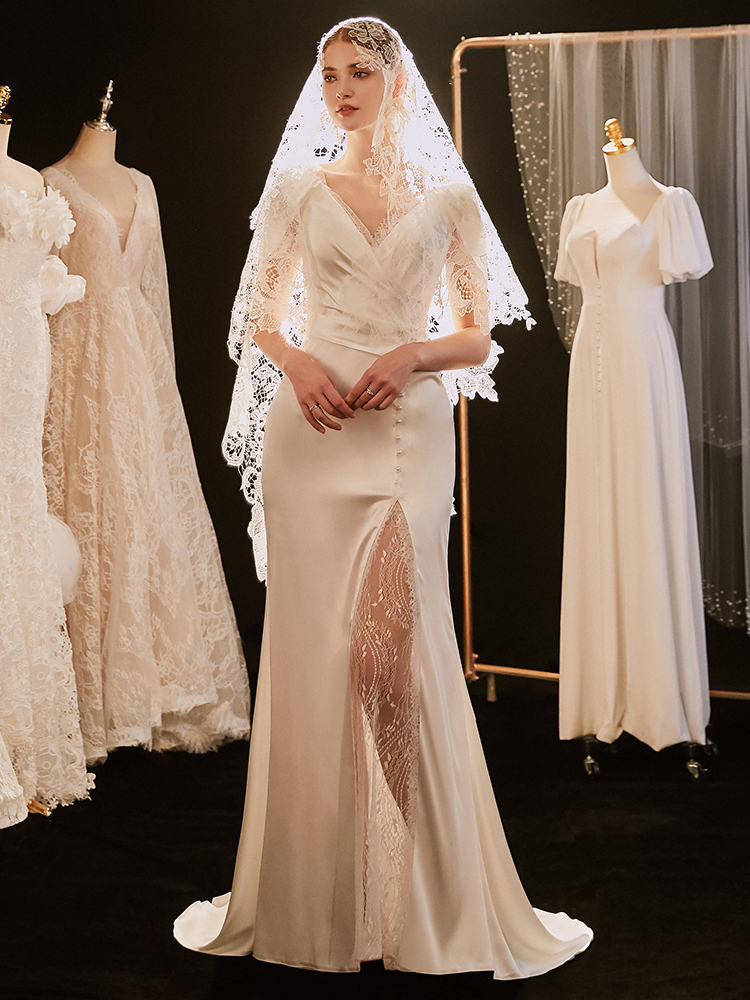 法式高级感拖尾缎面轻婚纱