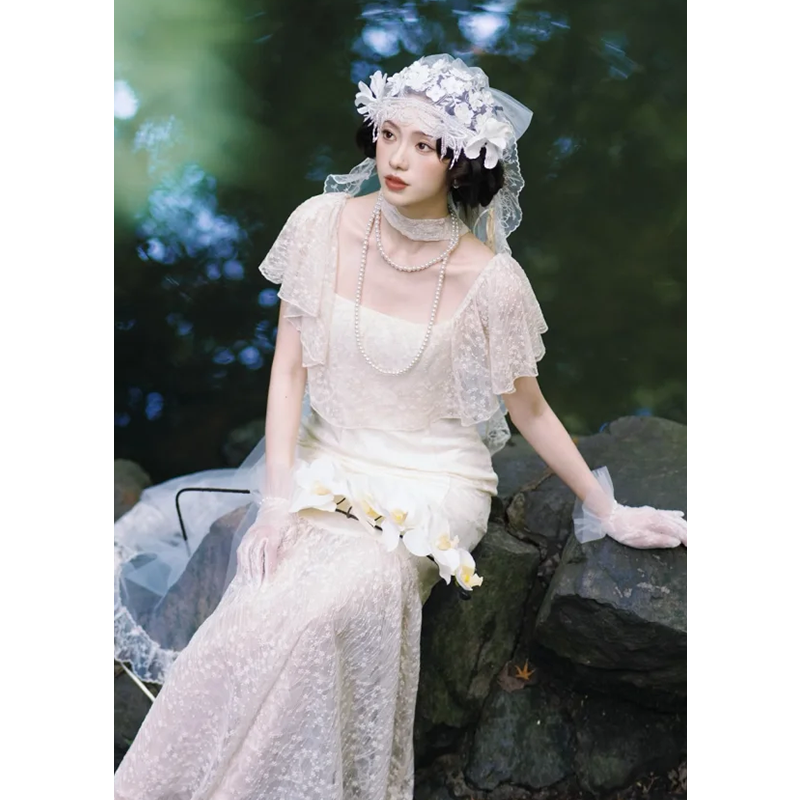 白色蕾丝出门纱简约高端订婚礼服