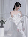 超仙輕奢高級感白色重工主紗蕾絲魚尾抹胸婚紗新娘結婚出門紗 新款