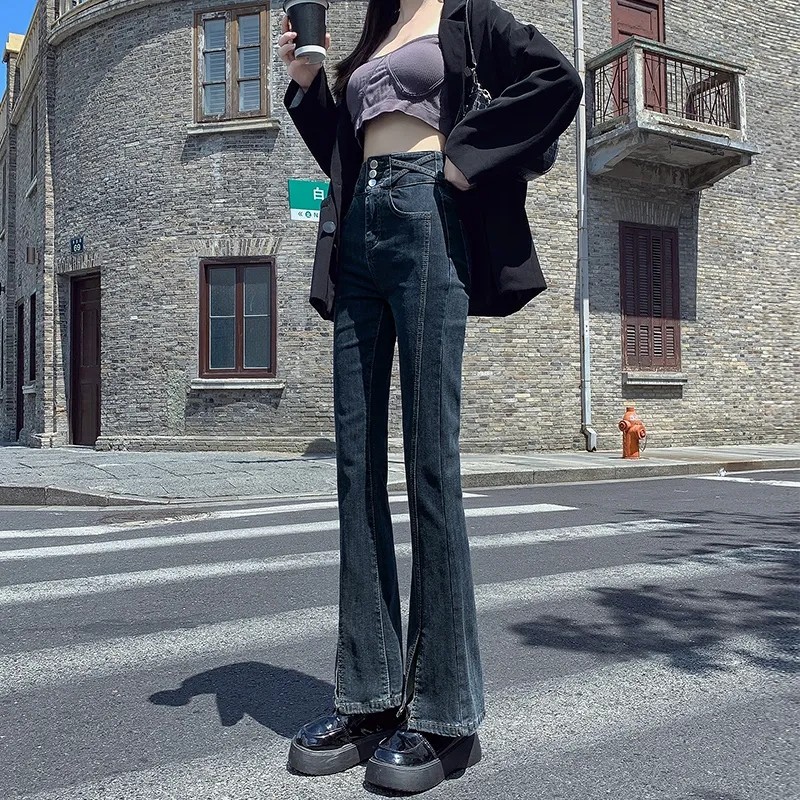 蓝灰色开叉牛仔裤女春秋装新款女士高腰显瘦显高微喇叭裤子小个子