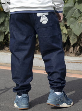 K叔 秋季中国风牛仔裤刺绣植绒个性宽松潮胖直筒束脚休闲裤