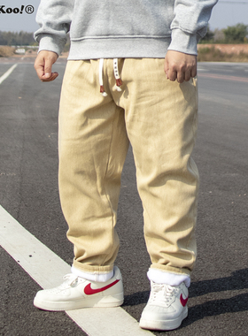 K叔 秋冬加绒直筒牛仔裤水洗宽松大码保暖低调帅气休闲裤