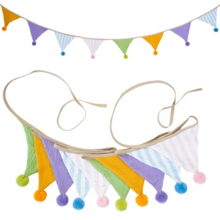 彩色棉布三角旗毛球&流苏黄绿紫粉蓝条纹拉花 2.6米