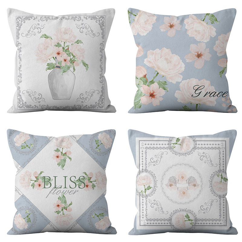 灰蓝色系花朵花纹居家抱枕套 舒适超柔短毛绒靠枕套 TQ