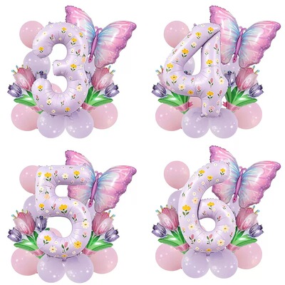 1-9数字气球套装 节日生日派对粉紫花朵蝴蝶 PT