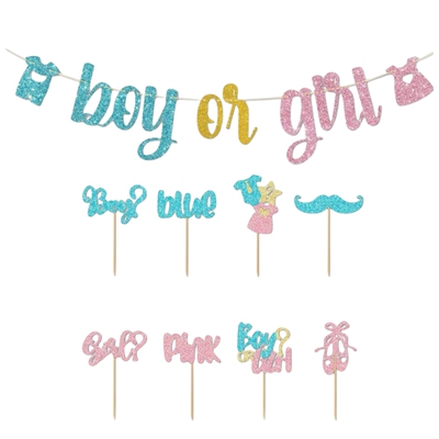 BOY OR GIRL宝宝性别揭示迎婴派对拉花蛋糕插牌GENDER REVEAL BY